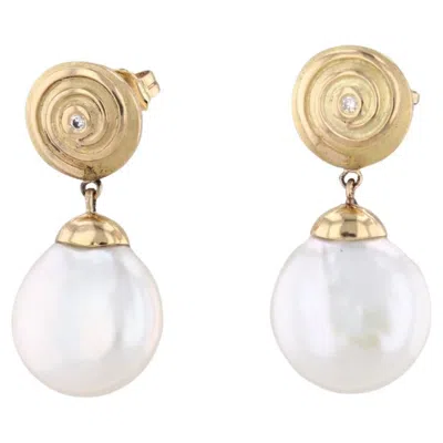 Pre-owned Yvel Cultured Pearl Coin Diamond Dangle Earrings 18k Yellow Gold Pierced Drops