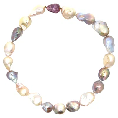 Pre-owned Yvel Large Baroque Pearl Necklace Solid Gold Mystery Set Pink Sapphire Clasp