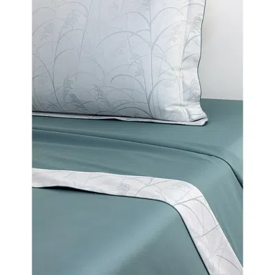 Yves Delorme Graminée Foliage-jacquard Cotton-sateen Flat Sheet Multicoloured In Blue