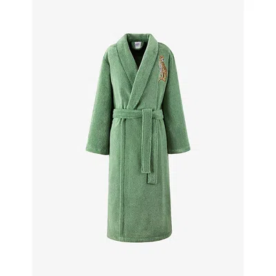 Yves Delorme Green Contes Leopard-embroidered Cotton-blend Bathrobe