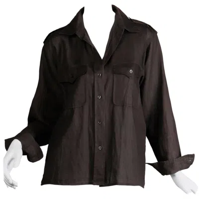 Pre-owned Yves Saint Laurent Rive Gauche 1970s Yves Saint Laurent Vintage Black Linen Safari Button Up Blouse/ Top/ Shirt