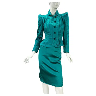 Pre-owned Yves Saint Laurent Rive Gauche Iconic Tom Ford For Yves Saint Laurent Fw 2004 Silk Pagoda 3 Pc Skirt Suit Fr 36 In Blue