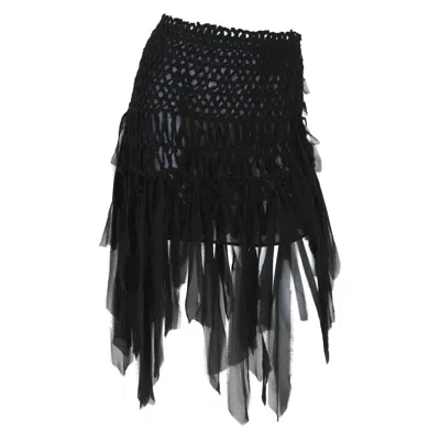 Pre-owned Yves Saint Laurent Rive Gauche Tom Ford For Yves Saint Laurent S/s 2002 Mini Black Silk Woven Fringe Skirt S M