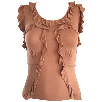 Pre-owned Yves Saint Laurent Rive Gauche Tom Ford For Yves Saint Laurent Terra Cotta Tan Jersey Ruffle Sleeveless Blouse In Brown