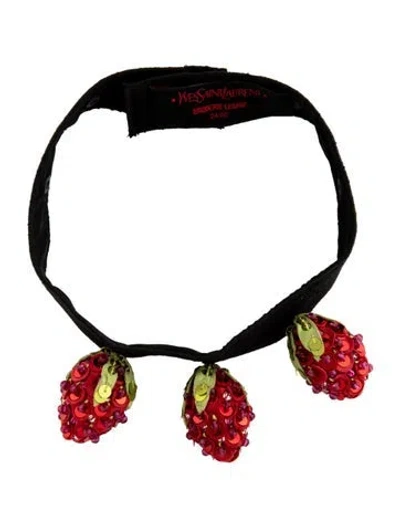 Pre-owned Yves Saint Laurent Rive Gauche Vintage Leather & Crystal Strawberry Choker Necklace, 18" In Multicolor