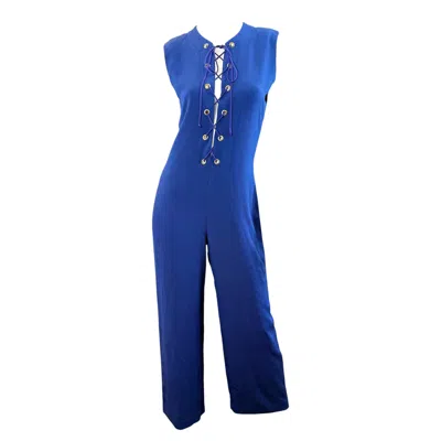 Pre-owned Yves Saint Laurent Rive Gauche Vintage Yves Saint Laurent Spring 1992 Navy Lace-up 90s Wide Leg Ysl Jumpsuit In Blue
