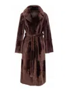 Yves Salomon Belted Faux Fur Long Coat With Pockets In Brown