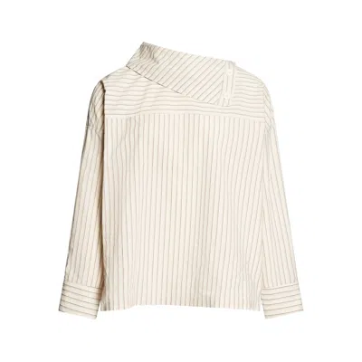 Yves Salomon Asymmetric Neckline Striped Cotton Blouse In Neutral