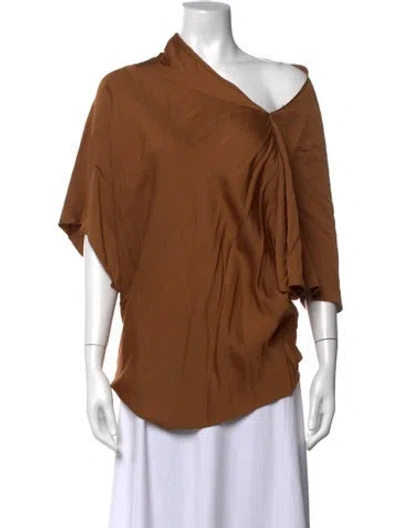 Pre-owned Yves Salomon Asymmetrical Short Sleeve Blouse In Brown