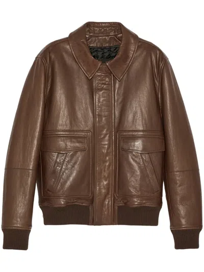 Yves Salomon Aviator Leather Jacket In Brown