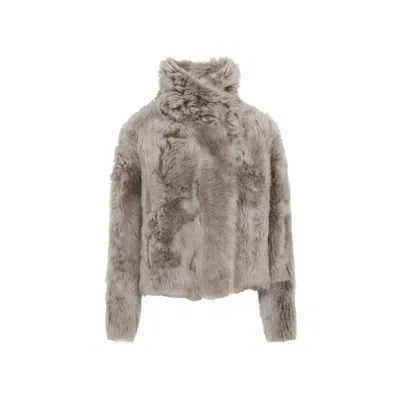 Yves Salomon Short Jacket With Stand-up Collar In Variegated Lamb Leather In Gray