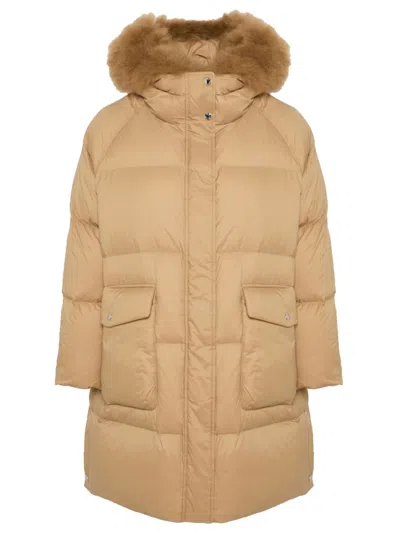 Yves Salomon Beige Hooded Down Jacket In Brown