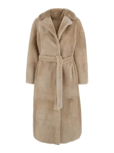 Yves Salomon Beige Shearling Reversible Jacket With Tie Waist Belt In Neutral