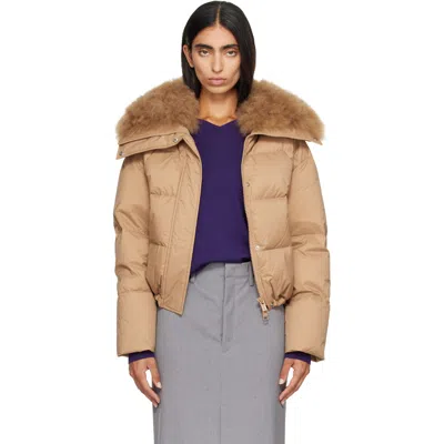 Yves Salomon Beige Waterproof Technical Lambswool Trim Short Down Jacket In Brown