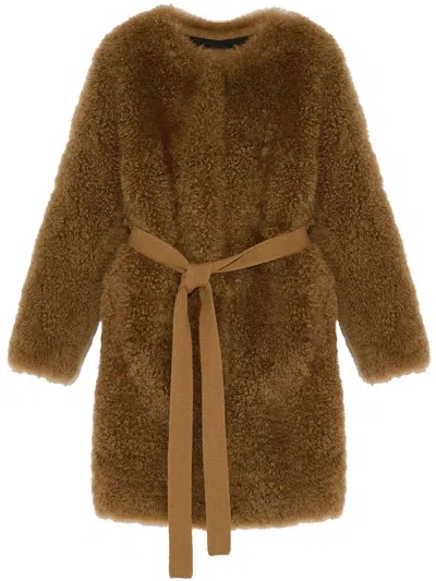 Yves Salomon Belted Coat In Brown