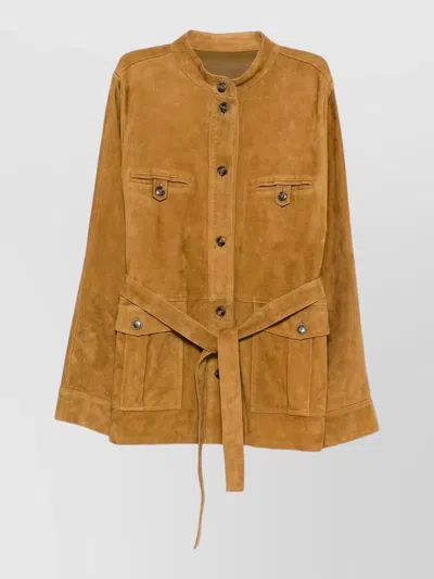 Yves Salomon Belted Coat Long Sleeves Chest Pockets In Brown