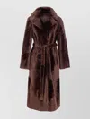Yves Salomon Belted Faux Fur Long Coat With Pockets In Brown