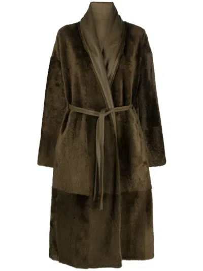 Yves Salomon Belted Leather Coat In Green