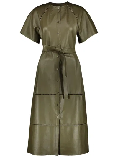 Yves Salomon Belted Leather Midi Dress In Green