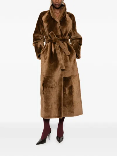 Yves Salomon Belted Reversible Shearling Coat In Brown