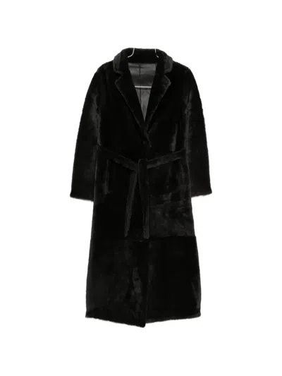 Yves Salomon Belted Shearling Coat In Black