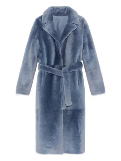 Yves Salomon Belted Shearling Coat In Blue