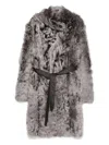 Yves Salomon Belted Shearling Coat In Gray