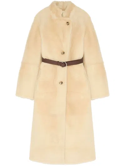 Yves Salomon Belted Shearling Coat In Neutrals