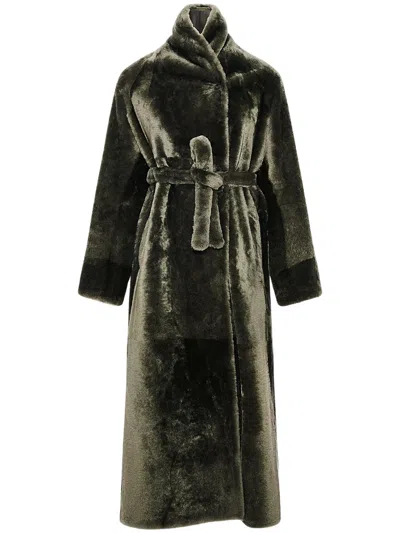 Yves Salomon Belted Shearling Long Coat In Green