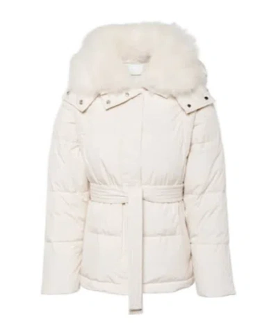 Yves Salomon Belted Shearling-trimmed Down Jacket In White