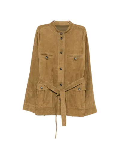 Yves Salomon Belted Suede Jacket In Brown
