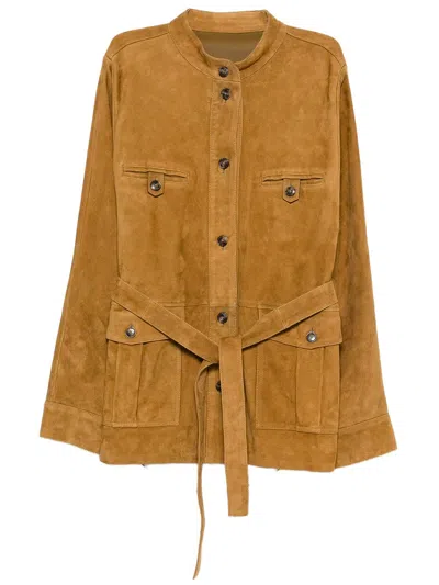 Yves Salomon Mustard Mandarin Collar Jacket In Brown