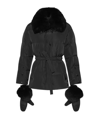 Yves Salomon Belted Technical Fabric Down Jacket With Detachable Fox Fur Collar In Black
