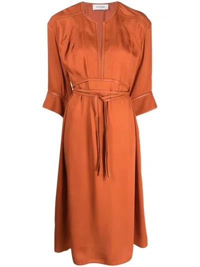 Yves Salomon Belted-waist Midi Dress In Orange