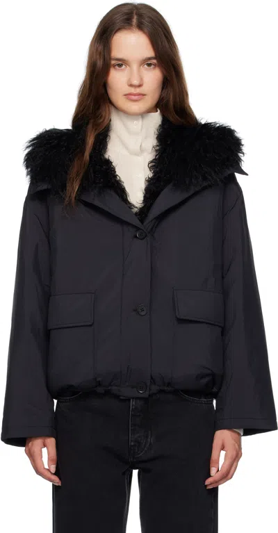 Yves Salomon Black Doudoune Down & Shearling Jacket In Blue
