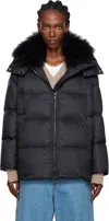 Yves Salomon Black Iconic A Line Lambswool Collar Down Jacket In Black