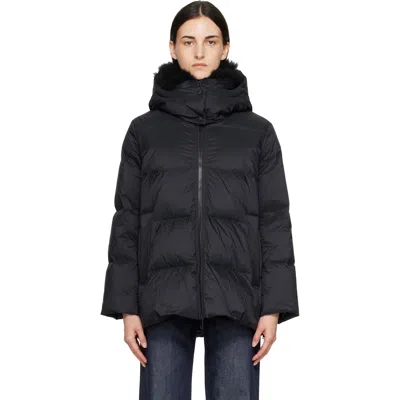 Yves Salomon Black Waterproof Technical Lambswool Trim A-line Down Jacket In Orange