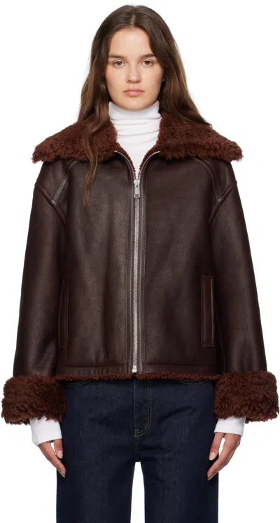 Yves Salomon Burgundy Zip Shearling Jacket In Brown