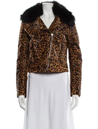 Pre-owned Yves Salomon Calfskin Animal Print Fur Jacket In Brown