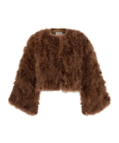 Yves Salomon Cape In Synthetic Fur With Collar And Pockets Beige Woman In Brown