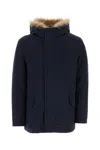 Yves Salomon Waist Drawstring Coat With Fur Trim Hood In Navy