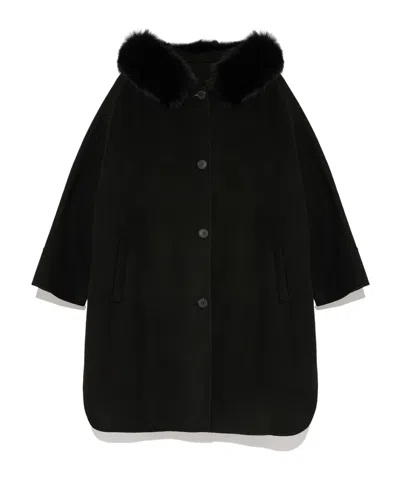 Yves Salomon Cashmere Blend Hooded Cape With Fox Trim In Black