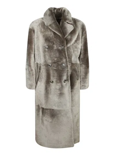 Yves Salomon Double-breasted Patchwork Coat In Gray
