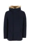 Yves Salomon Waist Drawstring Coat With Fur Trim Hood In Navy