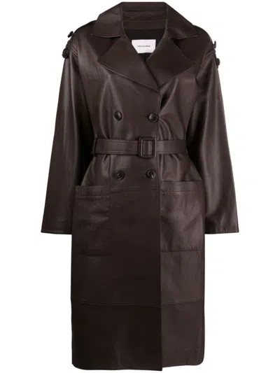 Yves Salomon Double-breasted Leather Coat In Brown