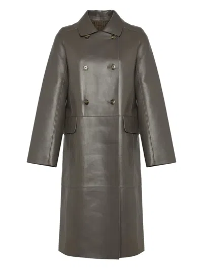 Yves Salomon Double-breasted Leather Coat In Gray