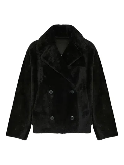 Yves Salomon Double-breasted Shearling Jacket In Black