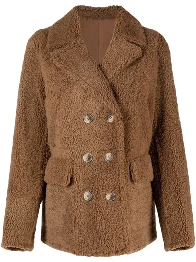 Yves Salomon Double-breasted Shearling Jacket In Braun