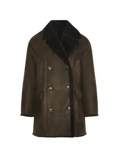 Yves Salomon Double-breasted Shearling Pea Coat In Brown