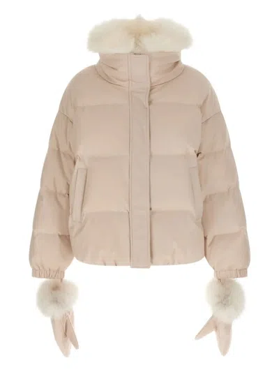 Yves Salomon Doudoune 66 Down Jacket With Fur Collar And Gloves In Neutral